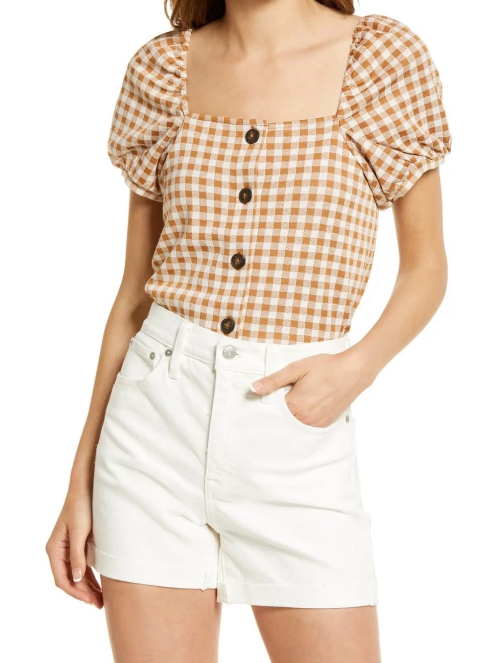 Madewell Gingham Puff Sleeve Button-Front Top - Tan & White